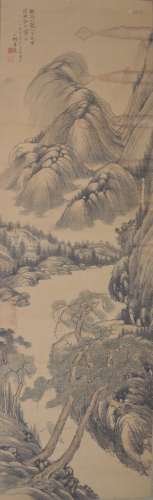 A beautiful Japanese scroll painting of landscape, 19th C.