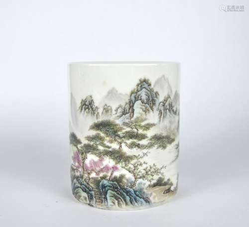 A Chinese Famille Rose Brush Pot Painted with Landscape, Xio...