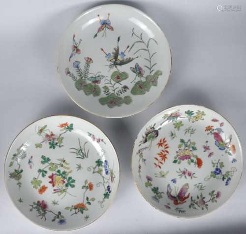 Three Chinese Famille Rose Plates painted with butterflies
