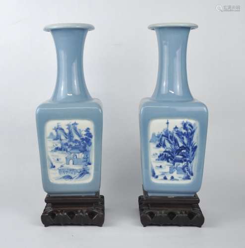 A pair of beautiful Chinese blue glazed vases painted with l...
