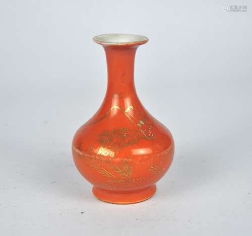 A small Chinese coral red vase painted in gilt, Tongzhi Mark...