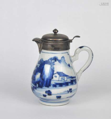 A beautiful Chinese blue & white pot with silver cover, Kang...