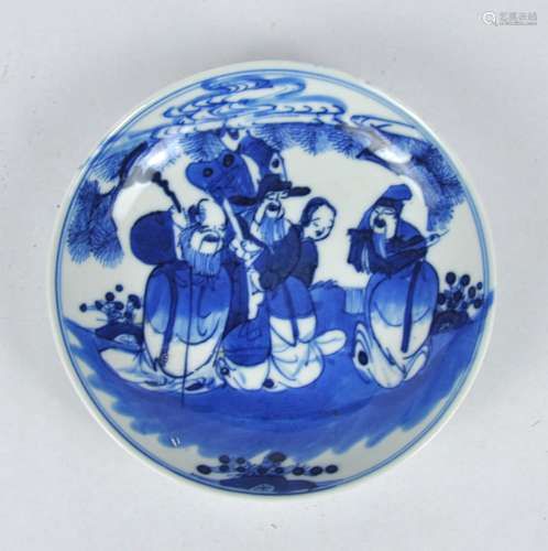 A Chinese blue & white dish painted with figures, Qing dynas...