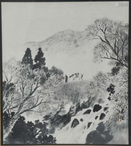 A framed Chinese painting of landscape, Showa period, ink on...