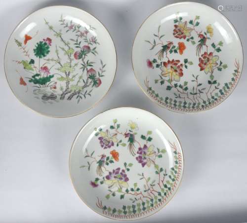 Three Chinese Famille Rose Plates painted with lotus