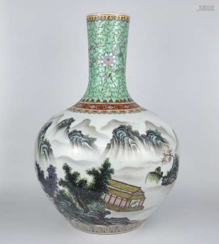 A very large chinese famille rose tianqiuping vase painted w...