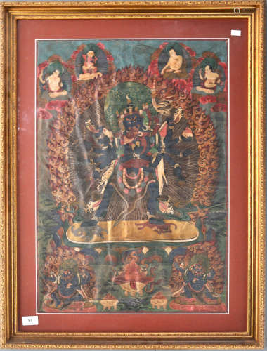 A beautifully painted Tibetan thangka in gilt frame, 18/19th...