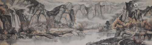 A very large Chinese painting of landscape, ink & watercolou...