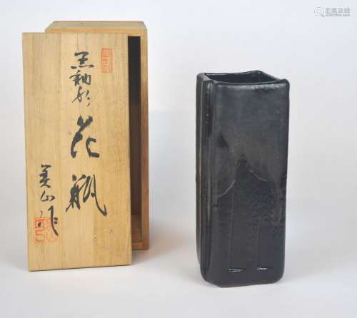 A Japanese Bizan rectangular shaped stoneware vase in fitted...