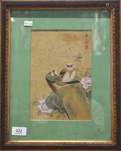 A Chinese framed painting of birds, signature of Nan Gu, Rep...