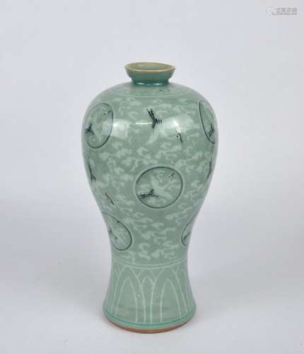 A Korean celadon Meiping vase painted with cranes, 20th C.