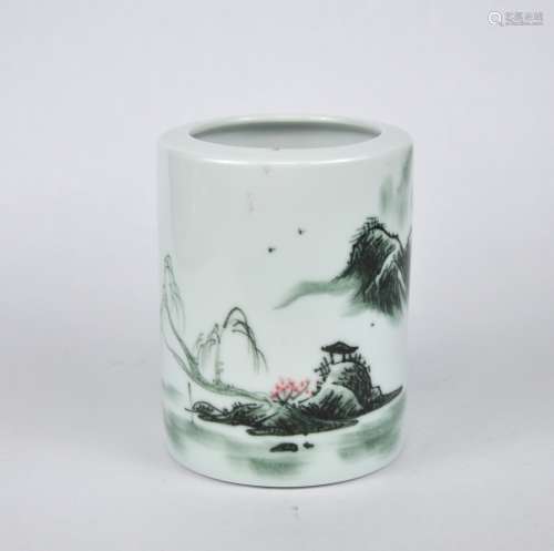 A Chinese Jingdezhen brush pot painted with landscape, signa...