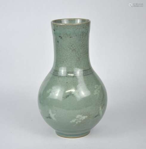 A Korean celadon vase painted with cranes, 20th C.