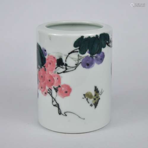 A Chinese Jingdezhen brush pot painted with grapes & bird, s...