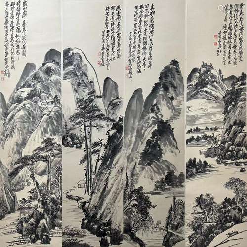 吴昌硕 山水四条 纸本水墨立轴