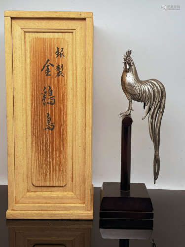 日本回流纯银金鸡鸟木架摆件原盒
