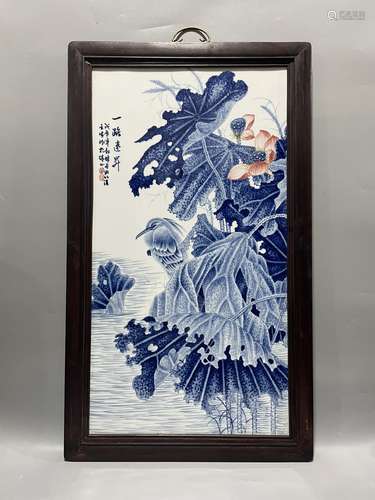 红木镶瓷板画青花花鸟一路连昇挂屏