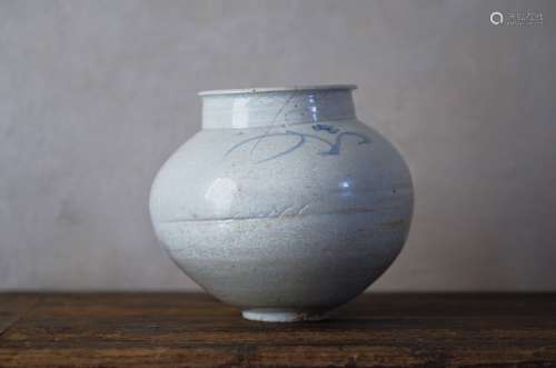 17-18世纪 李朝时代白瓷兰草染付月亮罐