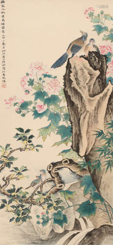 陆抑非 （1908-1997） 秋叶鸟语图