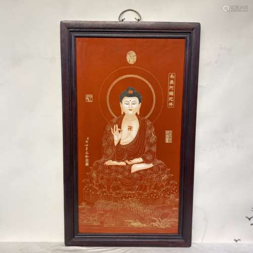 红木镶瓷板画掐丝唐卡挂屏