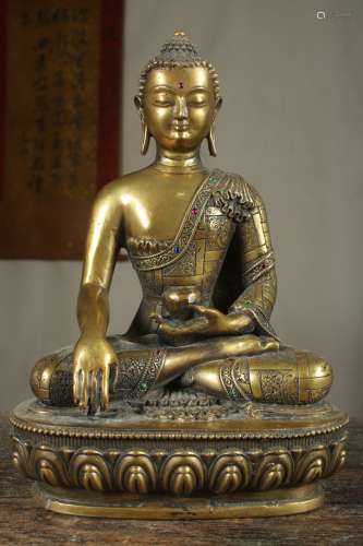 铜鎏金手工镶嵌一尊释迦牟尼佛