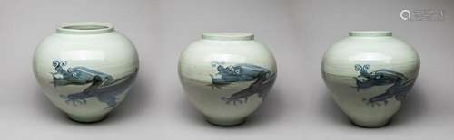 Three Korean Massive Porcelain Dragon Jars