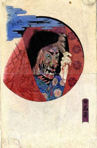Japanische Antiquitäten,  Dämon (53 x 34 cm), um 1960