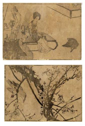 Japanische Holzschnitte,Shijo Künstler  Zwei Buchseiten, 18....