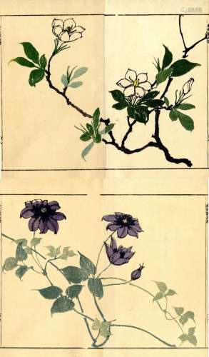 Japanische Holzschnitte,  Zwei Doppelbuchseiten, Meiji-Zeit