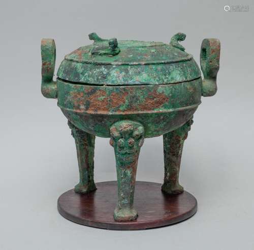 Chinese Bronze Pot w/ Wood Stand