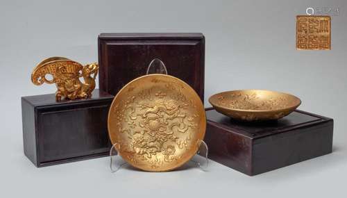 Estate Chinese Gilt Plates & Sculptures