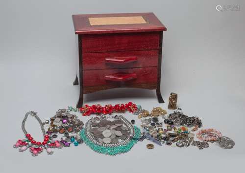 Estate Box of Costume Jewelry & Chinese Coins