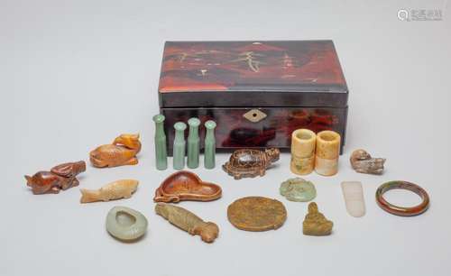 Estate Box of Chinese Jade & Stone Carvings