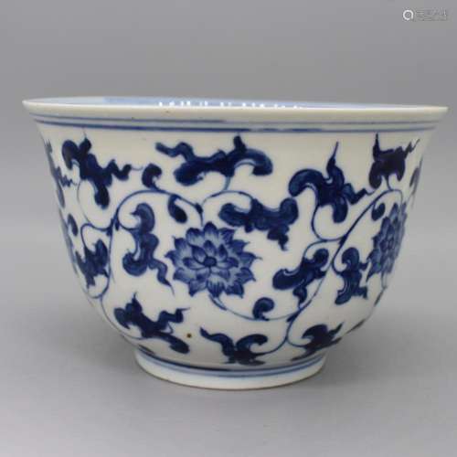 Ming Style Blue and White Deep Bowl with Floral Design and B...