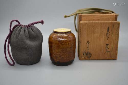 Ko-Seto Amber Glazed Tea Caddy with Blue Japanese Shifuku an...