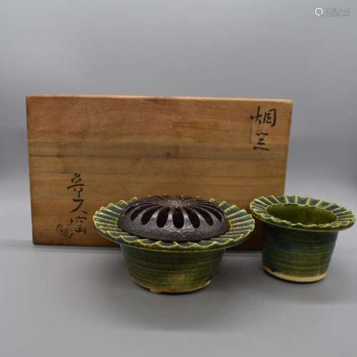 Rosanjin two green pottery of incense burner and ashtray , H...