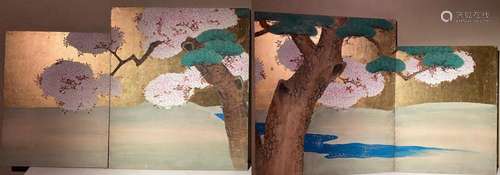 4 panel Joining panel paintings of Pine tree with cherry blo...