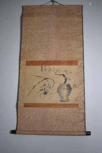 Tea Ceremony Japanese Scroll Painting of Plum Blossom in Vas...