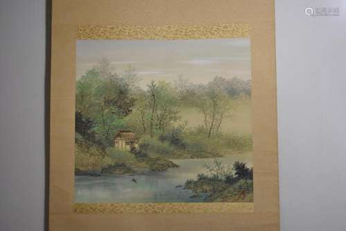 Japanese Landscape Painting on Silk Signed Akio