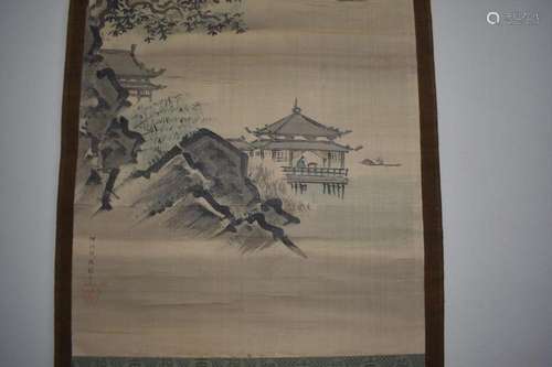 Kano School Pair of Landscape Scroll Paintings with fitted w...