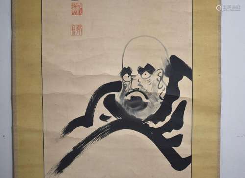 DARUMA :THREE Japanese Scroll Paintings: Two Silk Painting o...