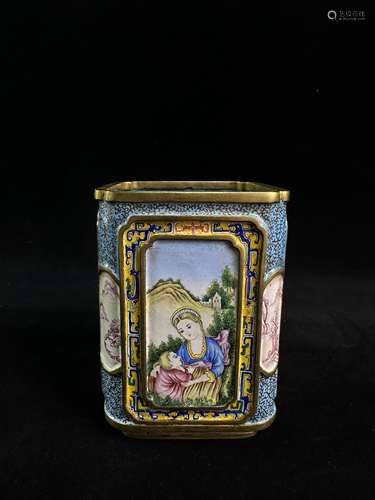 Bronze embryo gilt enamel Western figure square pen holder