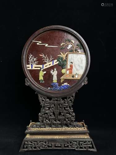 Clear rosewood figure screen inlaid with jade