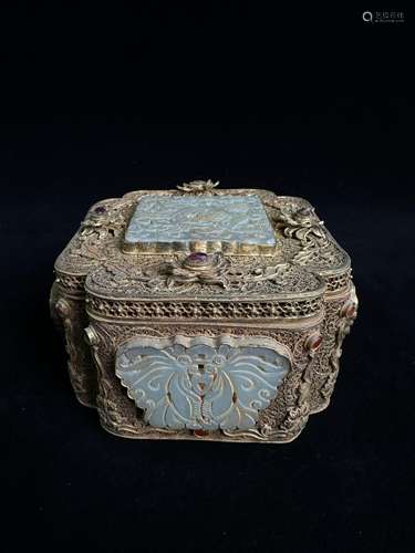 Silver pinched silk covered jade jewelry box