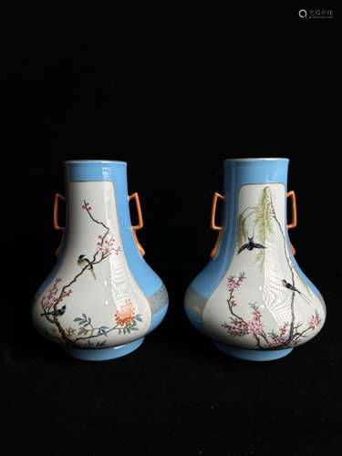 Pastel flower and bird vase with two ears