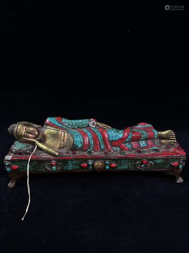 Gilt Inlaid Gemstone Painted Sleeping Buddha