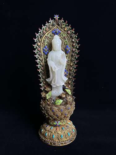 Bronze gilt Pinching silk Jade Guanyin