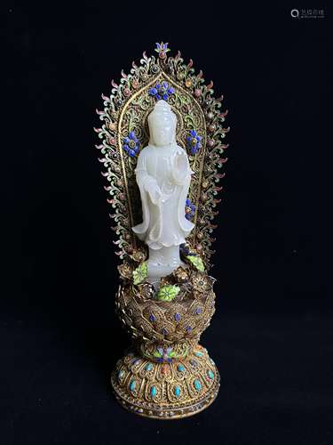 Bronze gilt Pinching silk Jade Guanyin