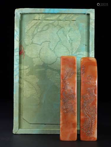 旧藏珍品布盒装纯手工雕刻寿山石印章《龙凤呈祥》