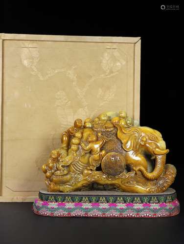 旧藏珍品布盒装纯手工雕刻寿山石印章《吉祥如意》太平象